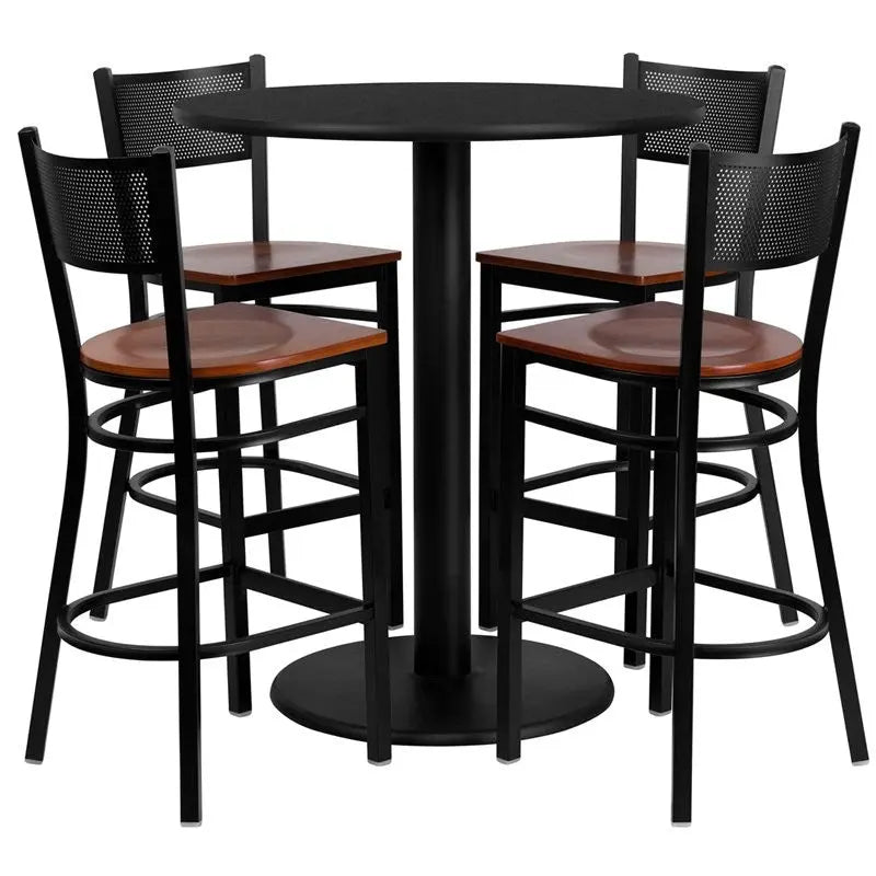 Dyersburg 5pcs Table Set Round 36" Black Laminate, Cherry Wood Metal Barstool iHome Studio