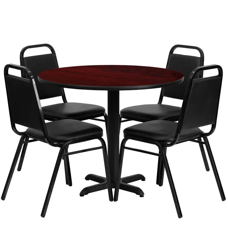 Dyersburg 5pcs Table Set Round 36" Mahogany Laminate X-Base, Black Banquet Chair iHome Studio