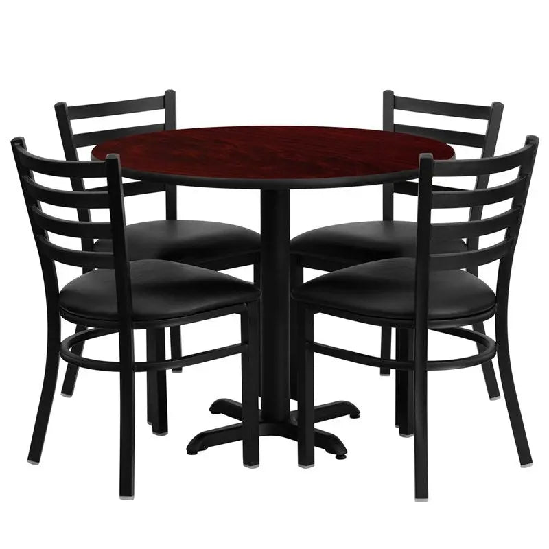 Dyersburg 5pcs Table Set Round 36" Mahogany Laminate X-Base, Black Chair iHome Studio