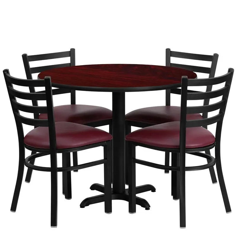 Dyersburg 5pcs Table Set Round 36" Mahogany Laminate X-Base, Burgundy Chair iHome Studio
