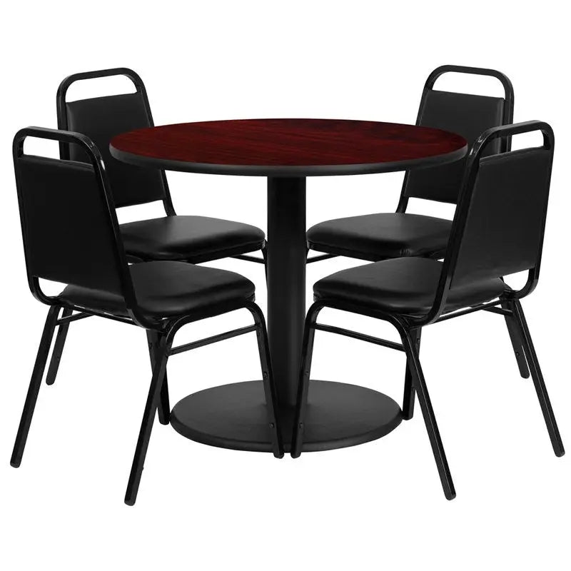 Dyersburg 5pcs Table Set Round 36" Mahogany Laminate, Black Banquet Chair iHome Studio