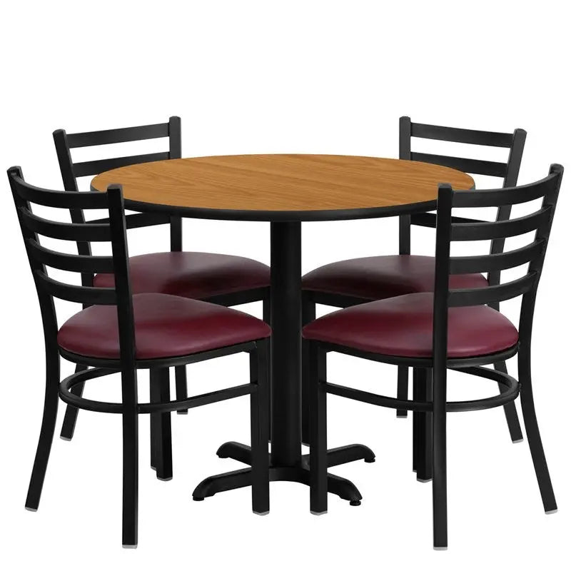 Dyersburg 5pcs Table Set Round 36" Natural Laminate X-Base, Burgundy Chair iHome Studio