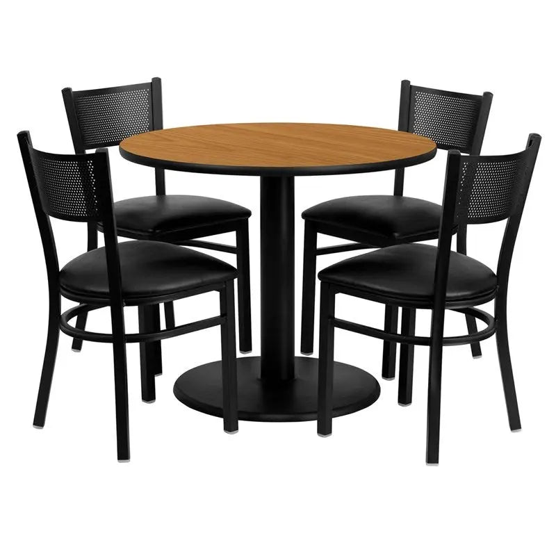 Dyersburg 5pcs Table Set Round 36" Natural Laminate, Black Vinyl Grid Back Chair iHome Studio