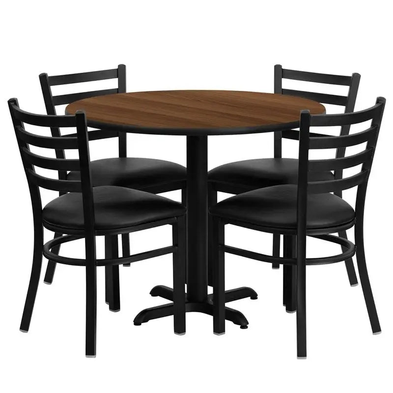 Dyersburg 5pcs Table Set Round 36" Walnut Laminate X-Base, Black Chair iHome Studio