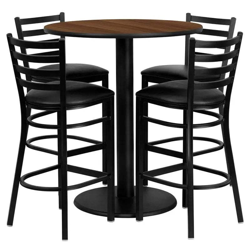 Dyersburg 5pcs Table Set Round 36" Walnut Laminate, Black Vinyl Barstool iHome Studio