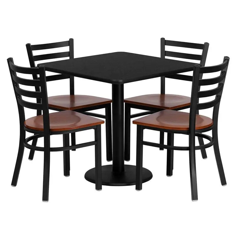 Dyersburg 5pcs Table Set Square 30" Black Laminate, Cherry Wood Metal Chair iHome Studio