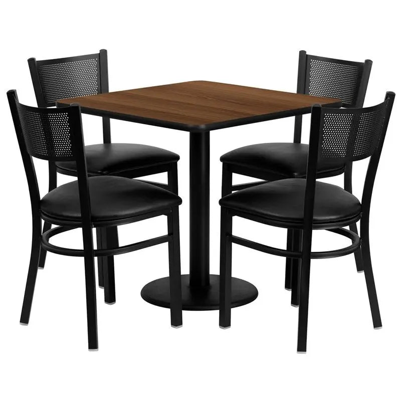 Dyersburg 5pcs Table Set Square 30" Walnut Laminate, Black Vinyl Chair iHome Studio