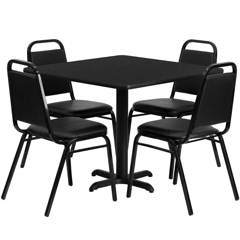 Dyersburg 5pcs Table Set Square 36" Black Laminate X-Base, Black Banquet Chair iHome Studio
