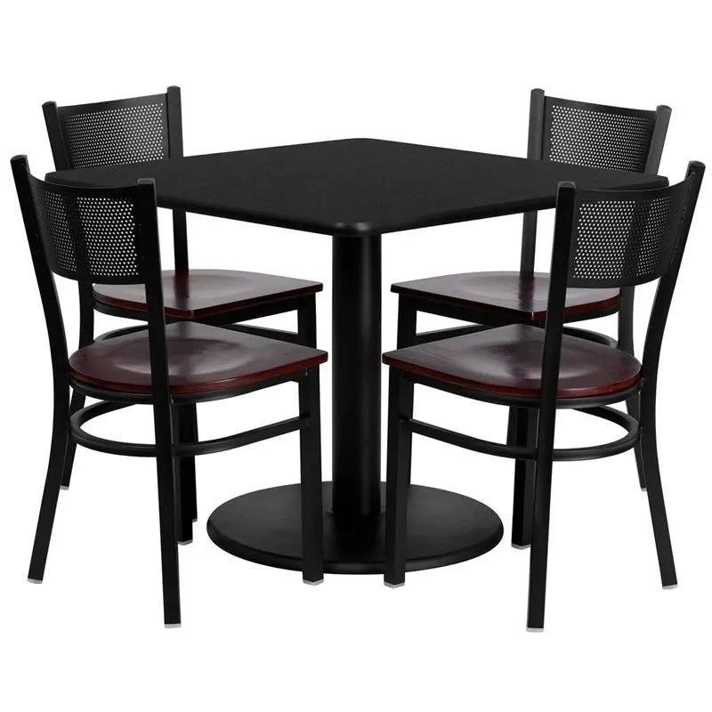 Dyersburg 5pcs Table Set Square 36" Black Laminate, Mahogany Wood Chair iHome Studio