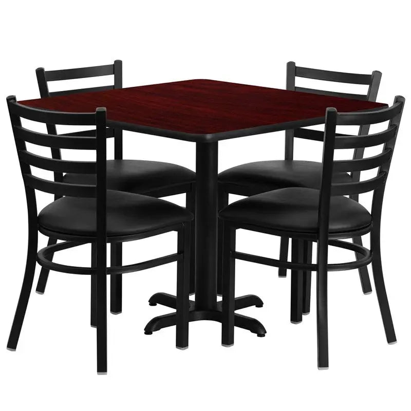 Dyersburg 5pcs Table Set Square 36" Mahogany Laminate X-Base, Black Chairs iHome Studio