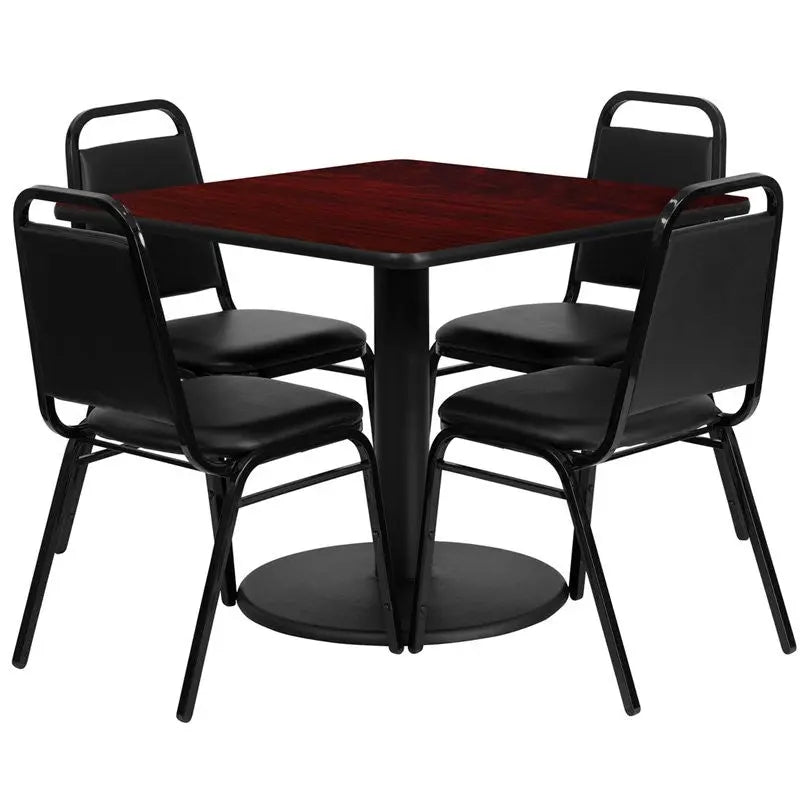 Dyersburg 5pcs Table Set Square 36" Mahogany Laminate, Black Banquet Chair iHome Studio