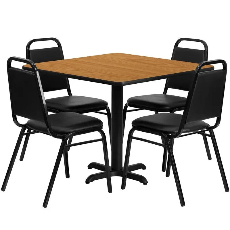 Dyersburg 5pcs Table Set Square 36" Natural Laminate X-Base, Black Banquet Chair iHome Studio