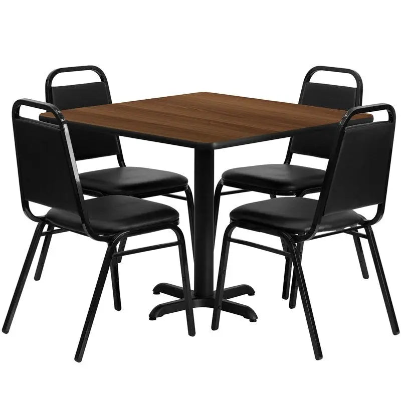 Dyersburg 5pcs Table Set Square 36" Walnut Laminate X-Base, Black Banquet Chair iHome Studio