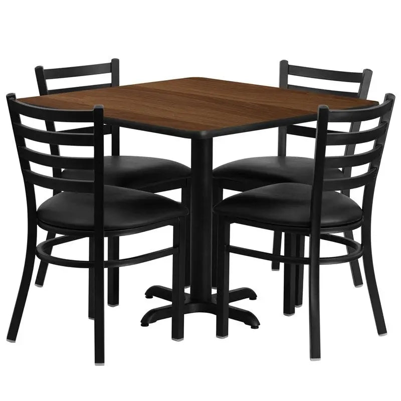 Dyersburg 5pcs Table Set Square 36" Walnut Laminate X-Base, Black Metal Chairs iHome Studio