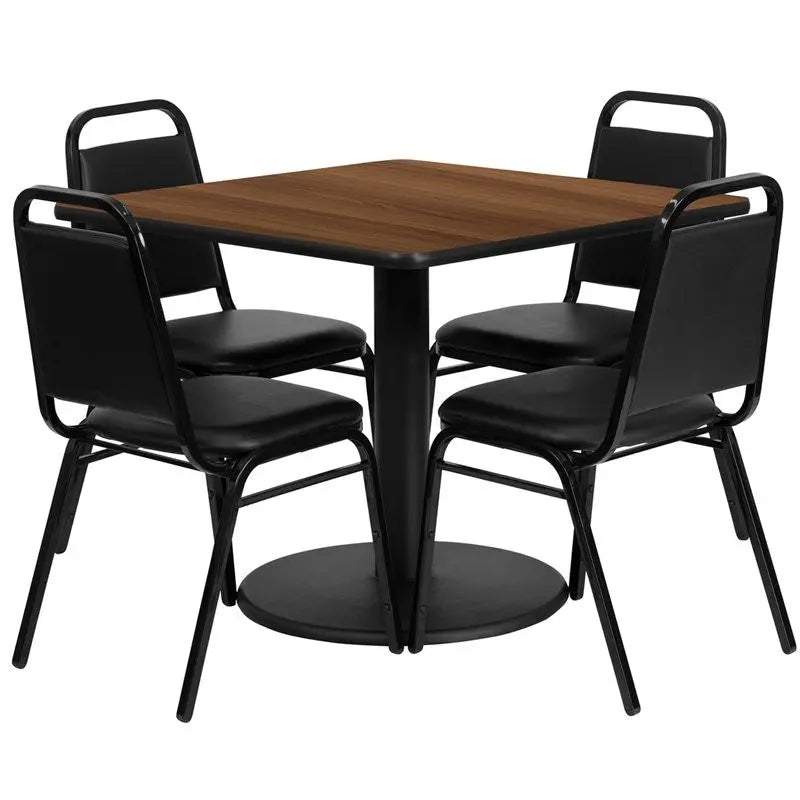 Dyersburg 5pcs Table Set Square 36" Walnut Laminate, Black Banquet Chair iHome Studio