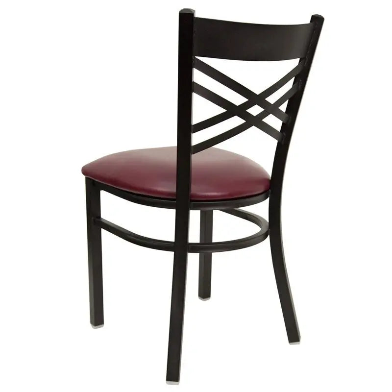 Dyersburg Metal Chair Black ''X'' Style Back, Burgundy Vinyl Seat iHome Studio
