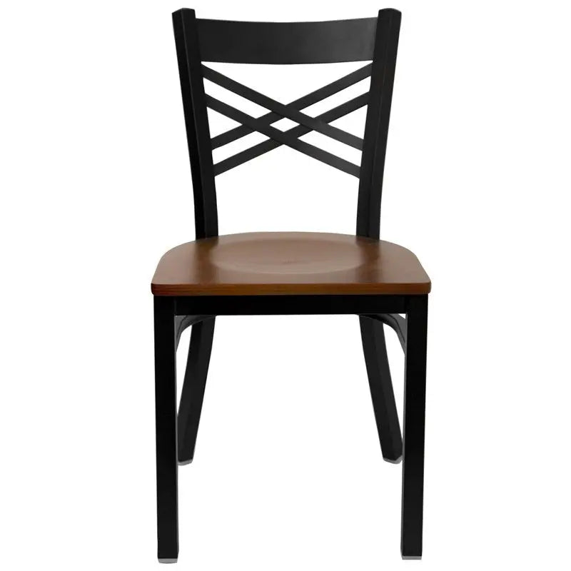 Dyersburg Metal Chair Black ''X'' Style Back, Cherry Wood Seat iHome Studio