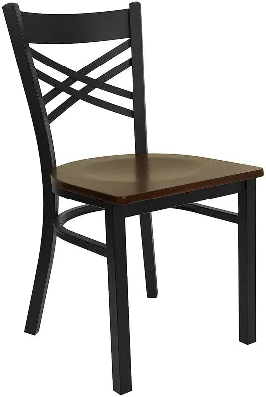 Dyersburg Metal Chair Black ''X'' Style Back, Mahogany Wood Seat iHome Studio