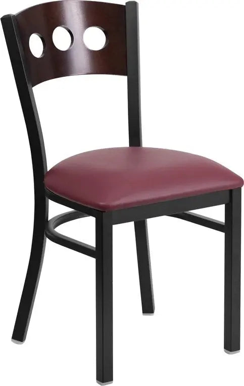 Dyersburg Metal Chair Black 3 Circle Back, Walnut Wood Back, Burgundy Vinyl Seat iHome Studio