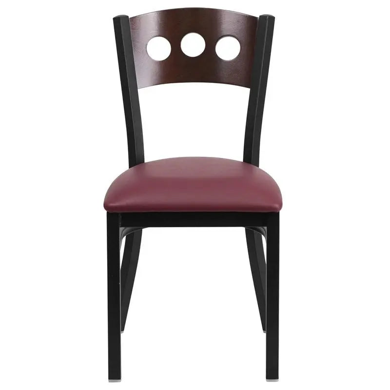 Dyersburg Metal Chair Black 3 Circle Back, Walnut Wood Back, Burgundy Vinyl Seat iHome Studio