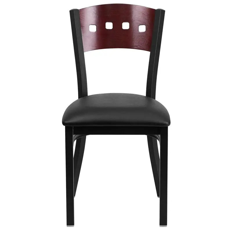 Dyersburg Metal Chair Black 4 Square Back, Mahogany Wood Back, Black Vinyl Seat iHome Studio