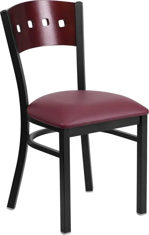 Dyersburg Metal Chair Black 4 Square Back, Mahogany Wood, Burgundy Vinyl Seat iHome Studio