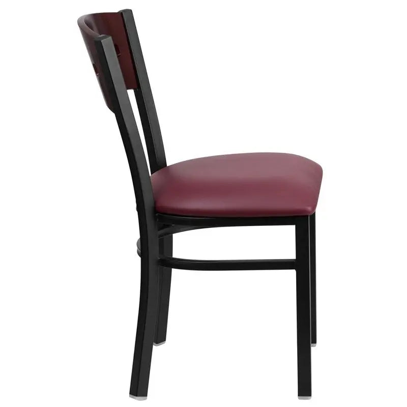 Dyersburg Metal Chair Black 4 Square Back, Mahogany Wood, Burgundy Vinyl Seat iHome Studio