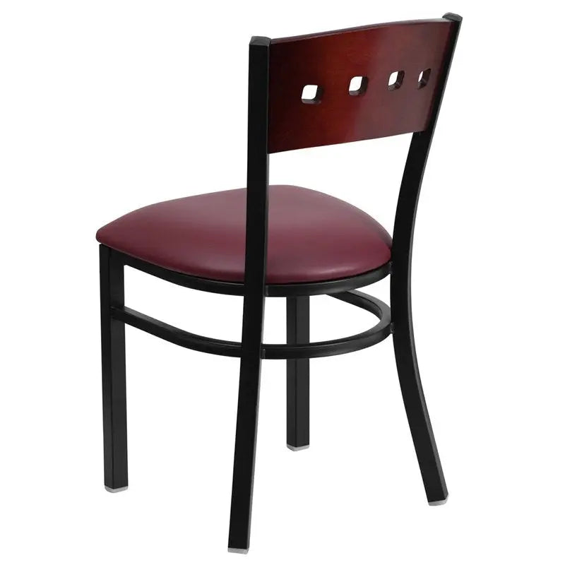 Dyersburg Metal Chair Black 4 Square Back, Mahogany Wood, Burgundy Vinyl Seat iHome Studio