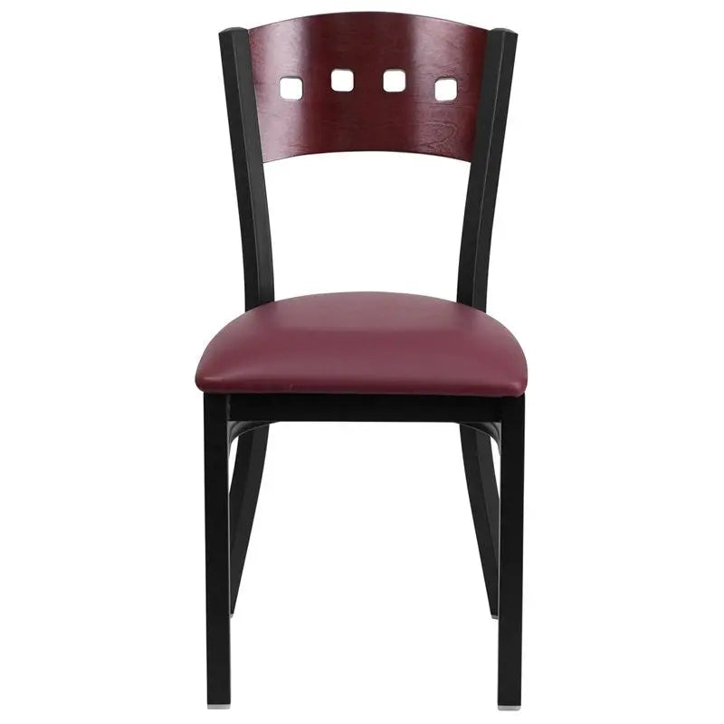 Dyersburg Metal Chair Black 4 Square Back, Mahogany Wood, Burgundy Vinyl Seat iHome Studio