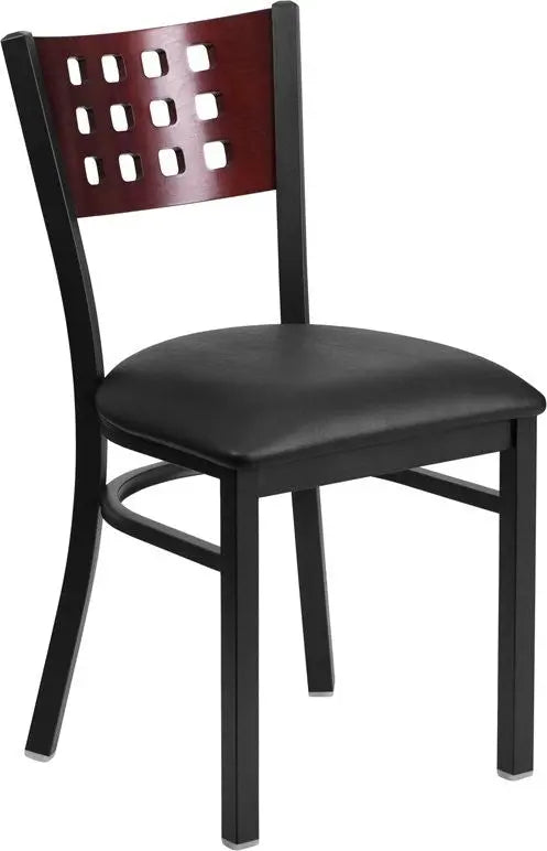 Dyersburg Metal Chair Black Cutout Back, Mahogany Wood Back, Black Vinyl Seat iHome Studio
