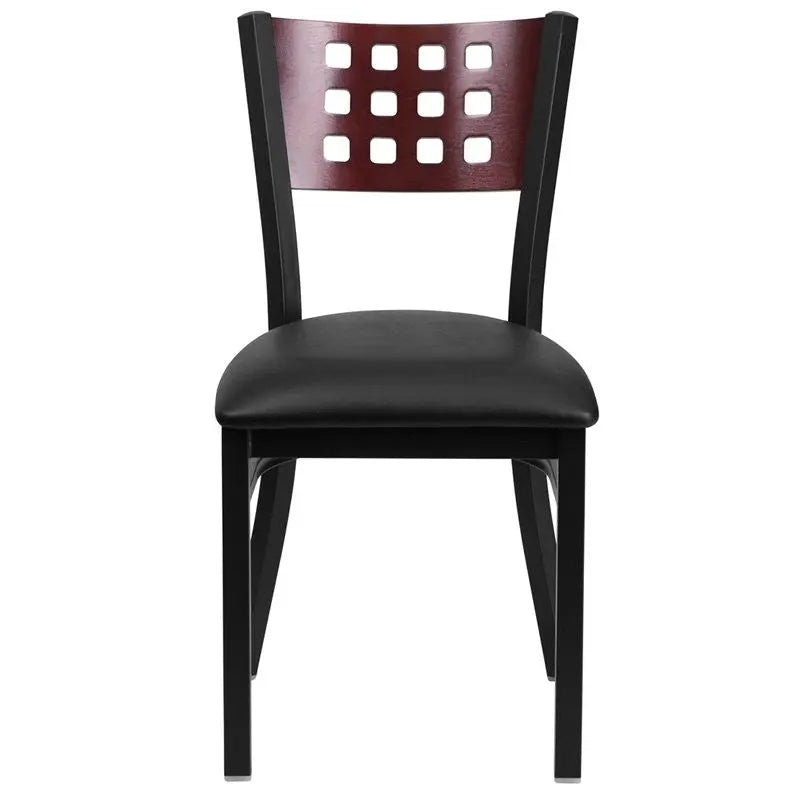 Dyersburg Metal Chair Black Cutout Back, Mahogany Wood Back, Black Vinyl Seat iHome Studio