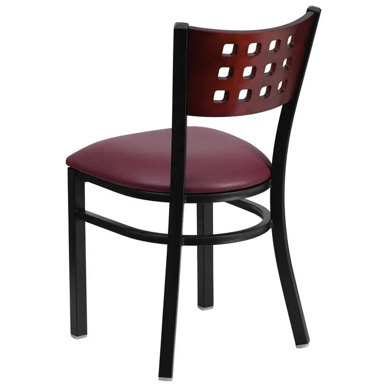 Dyersburg Metal Chair Black Cutout Back, Mahogany Wood Back, Burgundy Vinyl Seat iHome Studio