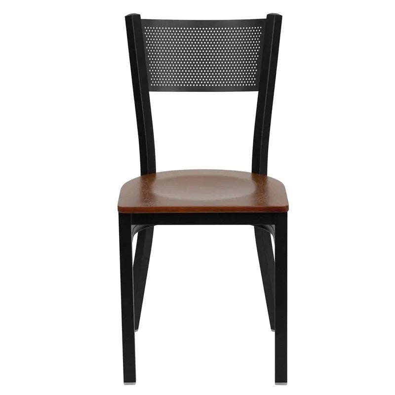 Dyersburg Metal Chair Black Grid Back, Cherry Wood Seat iHome Studio