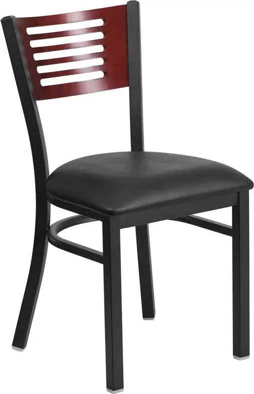 Dyersburg Metal Chair Black Slat Back, Mahogany Wood Back, Black Vinyl Seat iHome Studio