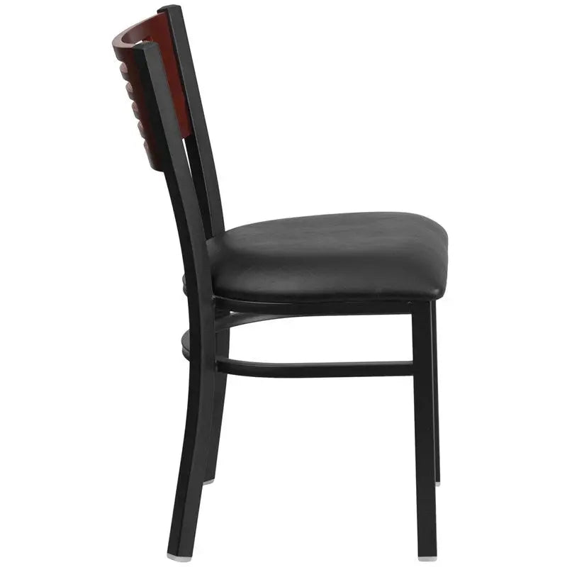 Dyersburg Metal Chair Black Slat Back, Mahogany Wood Back, Black Vinyl Seat iHome Studio