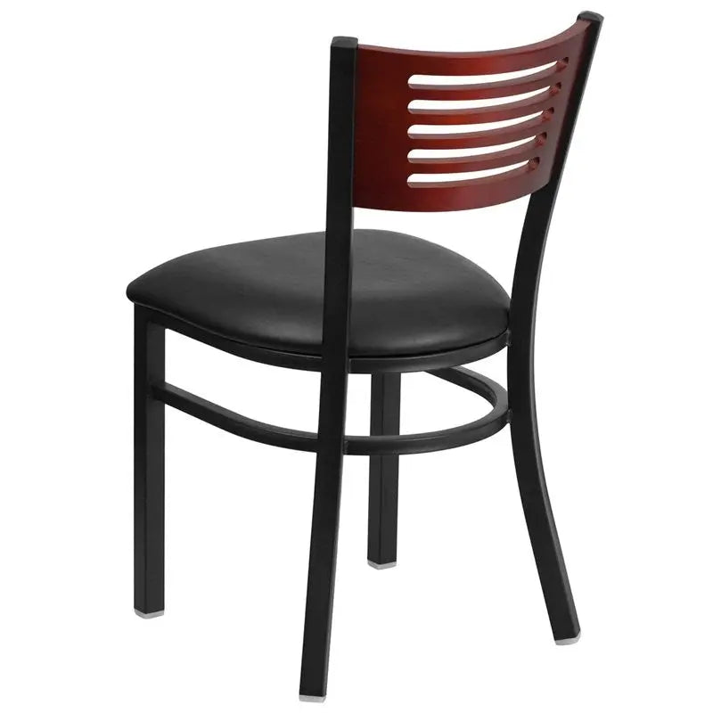 Dyersburg Metal Chair Black Slat Back, Mahogany Wood Back, Black Vinyl Seat iHome Studio