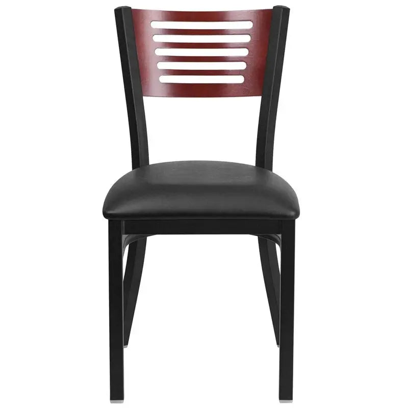 Dyersburg Metal Chair Black Slat Back, Mahogany Wood Back, Black Vinyl Seat iHome Studio