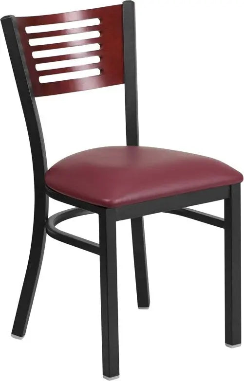 Dyersburg Metal Chair Black Slat Back, Mahogany Wood Back, Burgundy Vinyl Seat iHome Studio