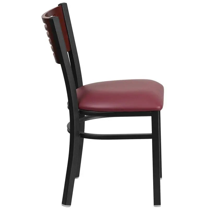 Dyersburg Metal Chair Black Slat Back, Mahogany Wood Back, Burgundy Vinyl Seat iHome Studio