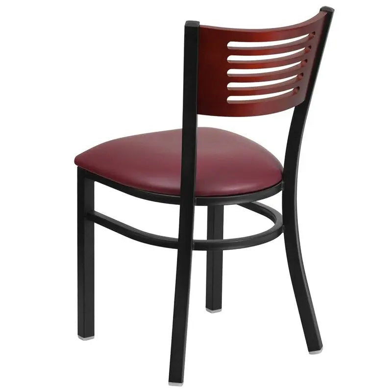 Dyersburg Metal Chair Black Slat Back, Mahogany Wood Back, Burgundy Vinyl Seat iHome Studio