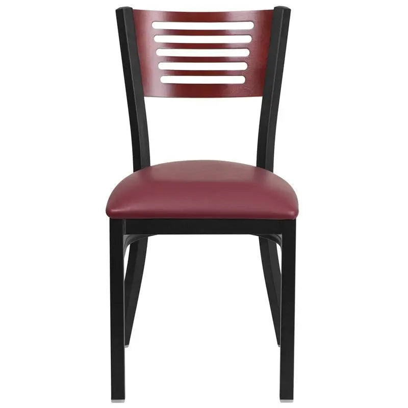 Dyersburg Metal Chair Black Slat Back, Mahogany Wood Back, Burgundy Vinyl Seat iHome Studio