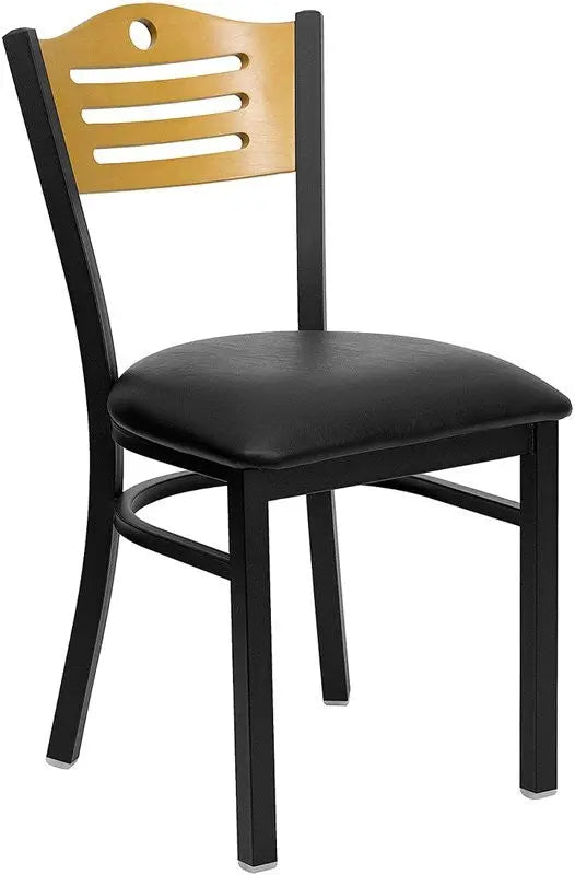 Dyersburg Metal Chair Black Slat Back, Natural Wood Back, Black Vinyl Seat iHome Studio