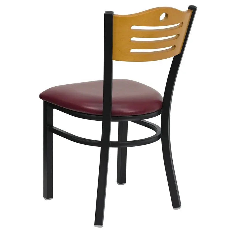 Dyersburg Metal Chair Black Slat Back, Natural Wood Back, Burgundy Vinyl Seat iHome Studio