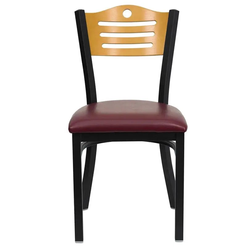 Dyersburg Metal Chair Black Slat Back, Natural Wood Back, Burgundy Vinyl Seat iHome Studio