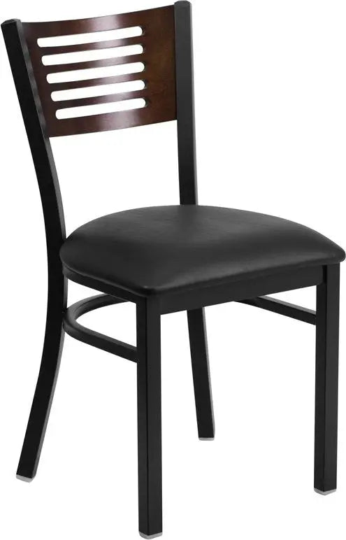 Dyersburg Metal Chair Black Slat Back, Walnut Wood Back, Black Vinyl Seat iHome Studio