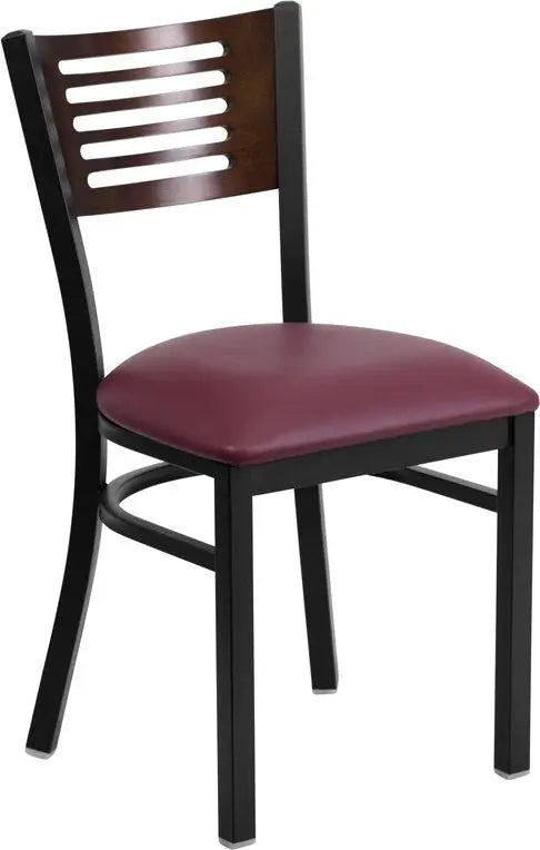 Dyersburg Metal Chair Black Slat Back, Walnut Wood Back, Burgundy Vinyl Seat iHome Studio
