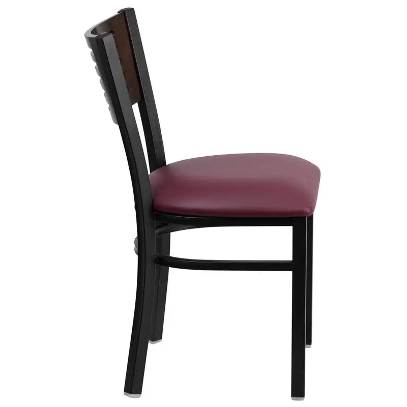 Dyersburg Metal Chair Black Slat Back, Walnut Wood Back, Burgundy Vinyl Seat iHome Studio