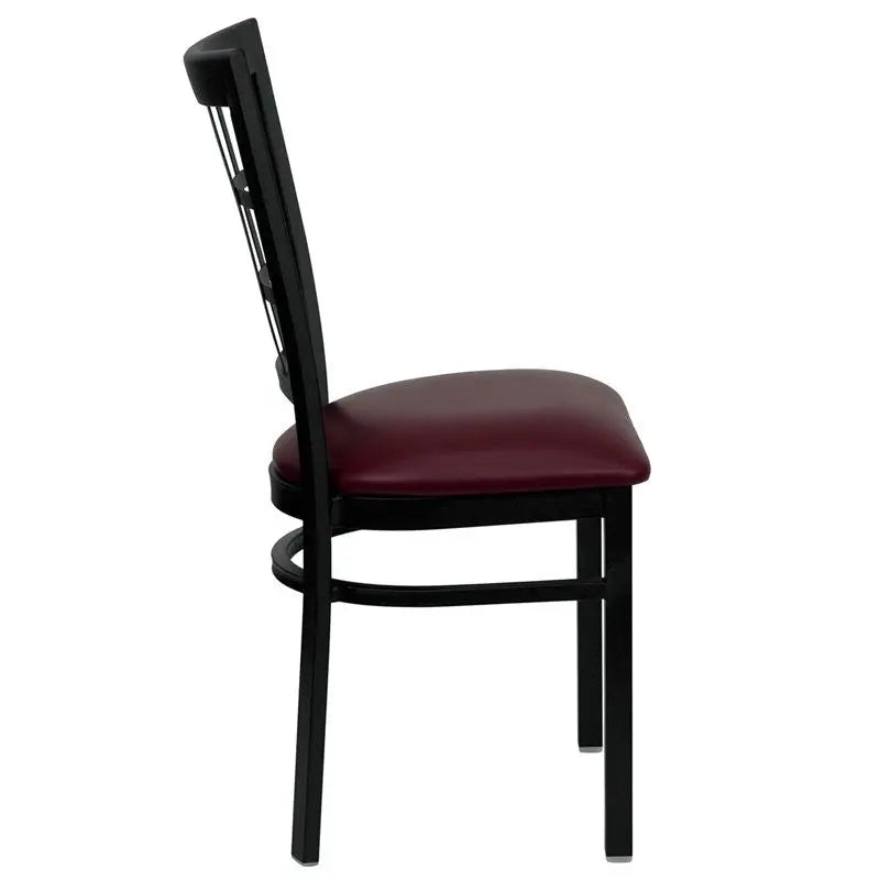 Dyersburg Metal Chair Black Window Back, Burgundy Vinyl Seat iHome Studio