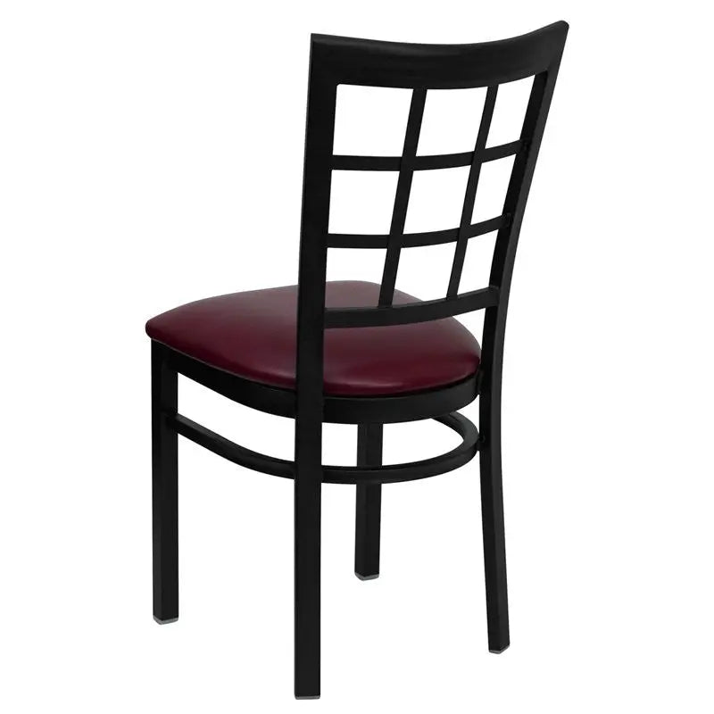 Dyersburg Metal Chair Black Window Back, Burgundy Vinyl Seat iHome Studio
