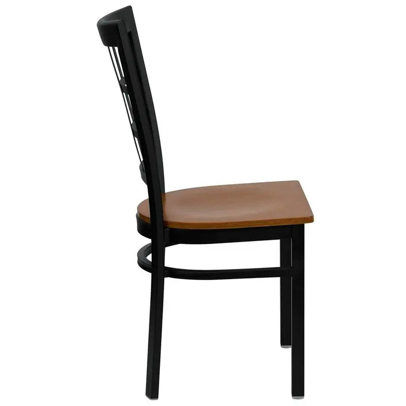 Dyersburg Metal Chair Black Window Back, Cherry Wood Seat iHome Studio